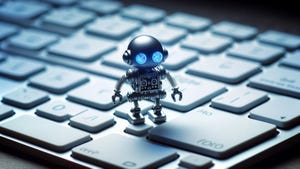 Photo of a miniature robot the size of a thimble, situated on a computer keyboard. Microsoft is building its own tiny AI models.