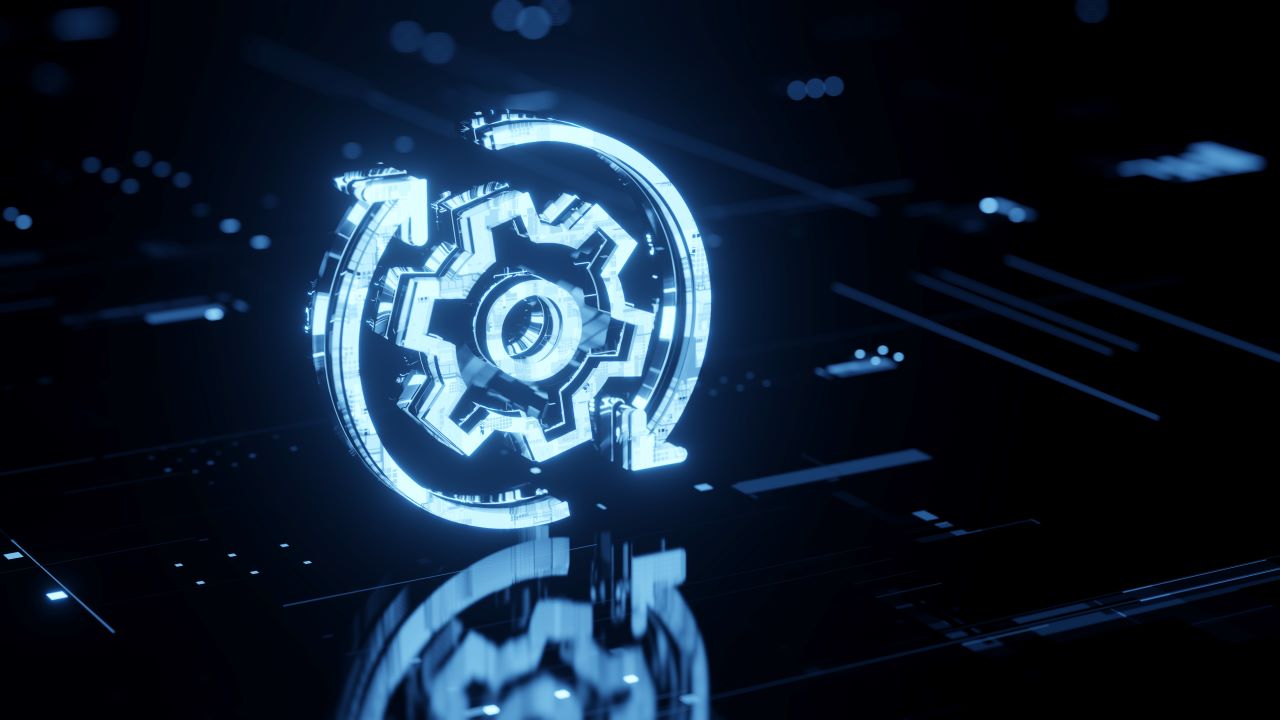 Digital gear symbol with spinning arrows 