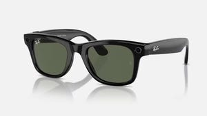 A black pair of sunglasses with a camera built-in to the lenses