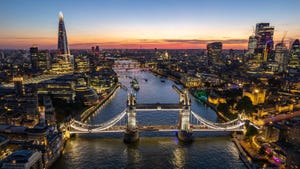 Aerial view of river Thames and London Tower Bridge at Twilight
