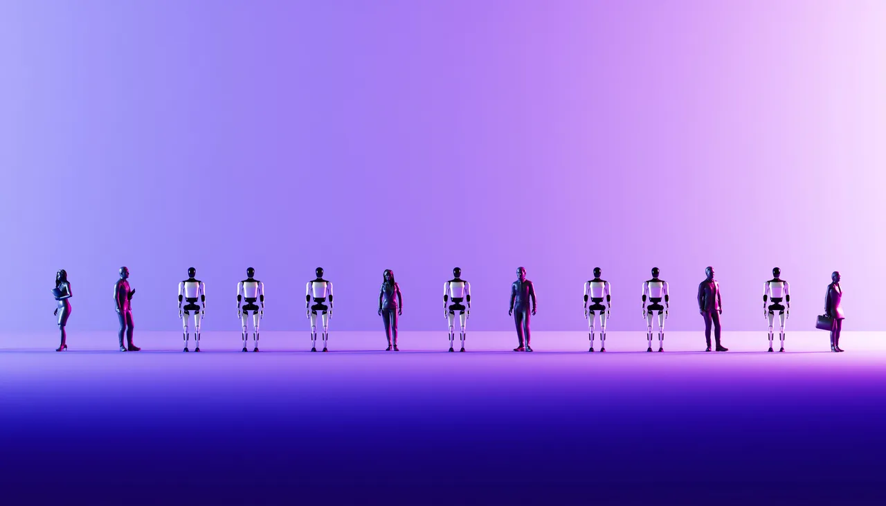 Illustration of humanoid robots and human executives Illustration of humanoid robots and human executives