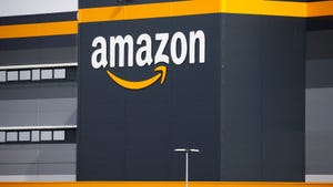 The logo of Amazon as seen on the façade of one of the company's logistics centers