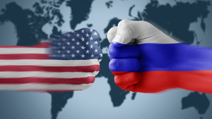 Illustration of two fists bumping, one with U.S. flag, one with Russian flag