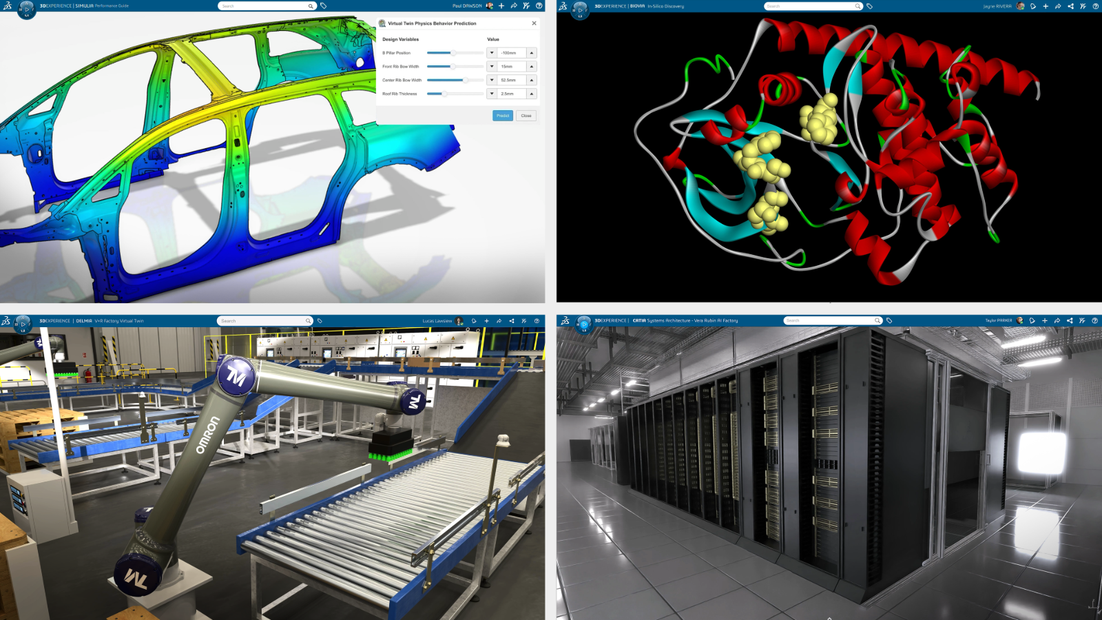 Dassault Systèmes and Nvidia partner. Image includes Lucid Motors (top left), OMRON (bottom left) and Nvidia (bottom right)