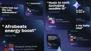 User prompts for creating playlists on Amazon Music's new Maestro playlist tool on a purple background