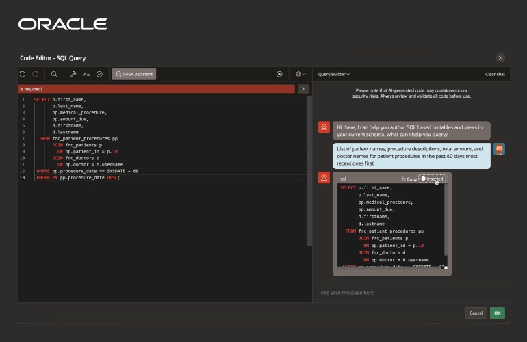 A screenshot of the new Oracle Apex AI Assistant feature in action