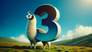 A digital drawing of a white and brown llama stood in a green field next to a giant blue number three