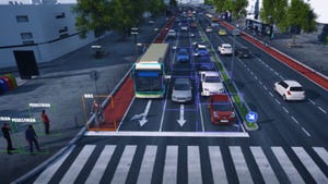 Computer generated representation of cars, buses, bikes and pedestrians approaching an intersection. They have colored squares around them.