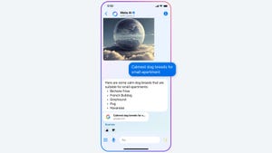 A graphic display of an iPhone displaying Meta AI in action on Messenger