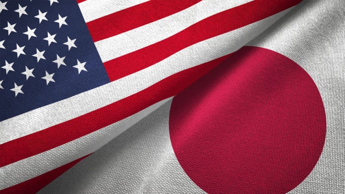 US and Japanese flags, with the red, white, and blue flag placed above the white and red flag