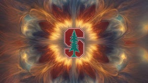 Digital art with swirling colors with Stanford University logo at the center