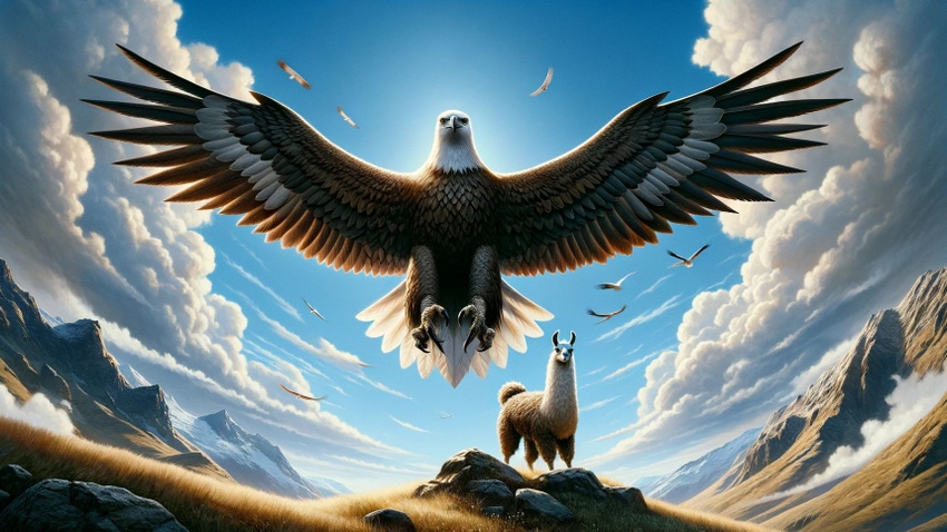 Image of an eagle soaring above a llama