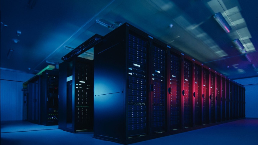 A shot of a data center in low light