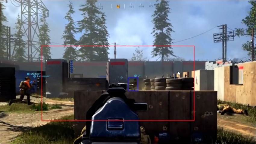View through the cross hairs of rifle in a computer game