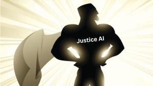 A superhero with Justice AI written on his chest
