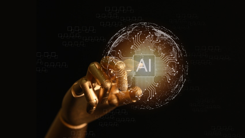 Graphic of a computer hand touching an orb etched with the word, AI