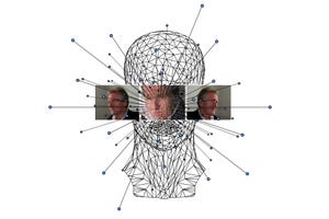 A drawing of a head with lines coming into it, and images of people's faces over the top 