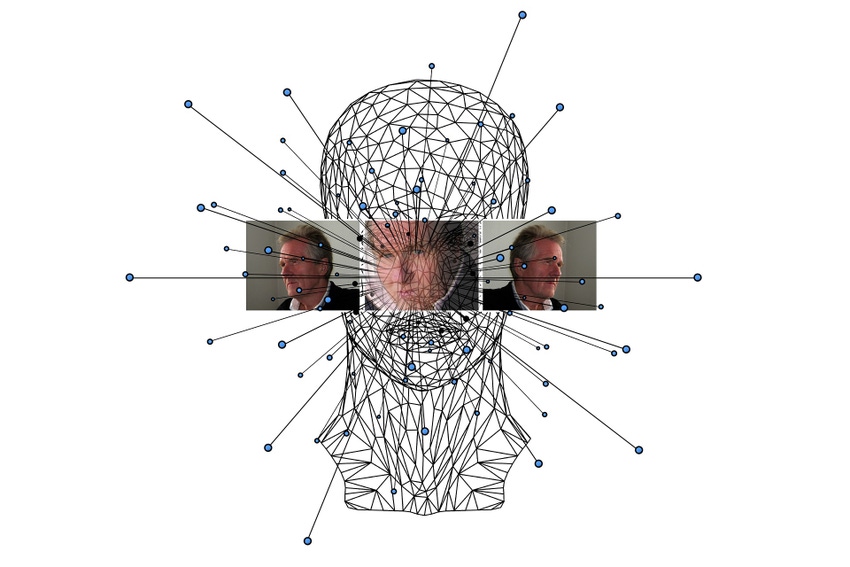 A drawing of a head with lines coming into it, and images of people's faces over the top 