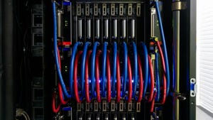 A series of blue and red computer wires plugged into a hardwire rack