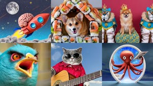 Six AI-generated images including a cat wearing sunglasses and a dog living in a house made of sushi