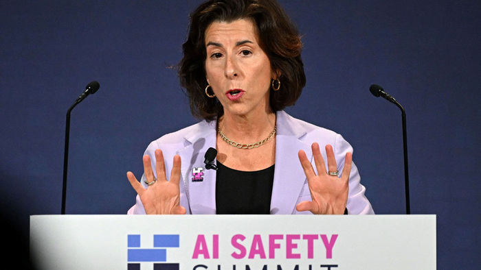 US Commerce Secretary Gina Raimondo speaks during the UK Artificial Intelligence (AI) Safety Summit at Bletchley Park