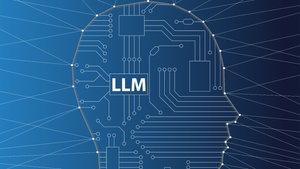 Illustration of a computerized AI head in profile with letters LLM in the middle