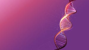 A digital model of a glowing DNA strand on a purple background. 