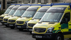 Ambulances queue outside the accident and emergency department of the Bath Royal United Hospital