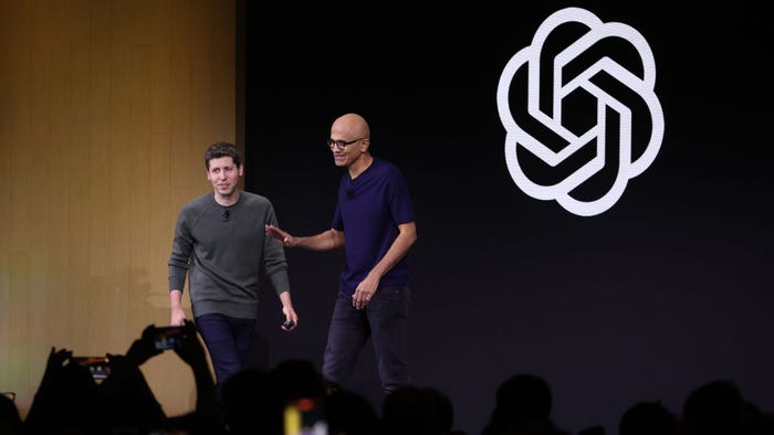 Sam Altman, OpenAI CEO, and Microsoft CEO Satya Nadella at OpenAI DevDay. The UK Competition Authority is investigating the pair's partnership.
