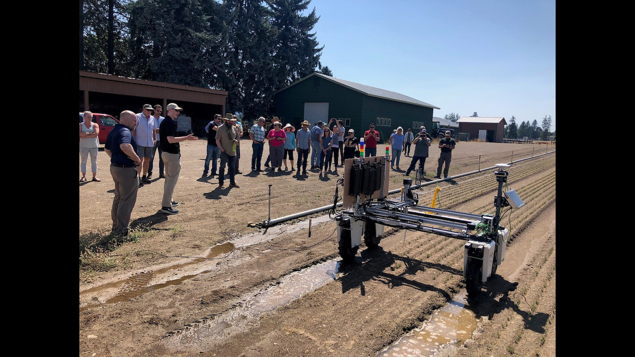 University of Idaho Coeur d’Alene' autonomous robot shown weeding in a field while spectators look on