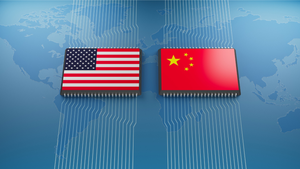 US and China flags on a circuit board