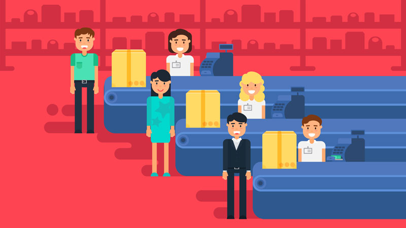 Graphic of customers and servers at a store checkout Graphic of customers and servers at a store checkout