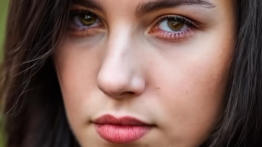 Close-up photorealistic image of a young woman's face, with Mediterranean features