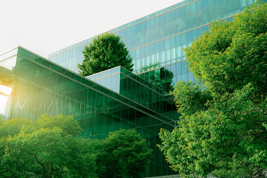 Sustainable office buildings surrounded by trees