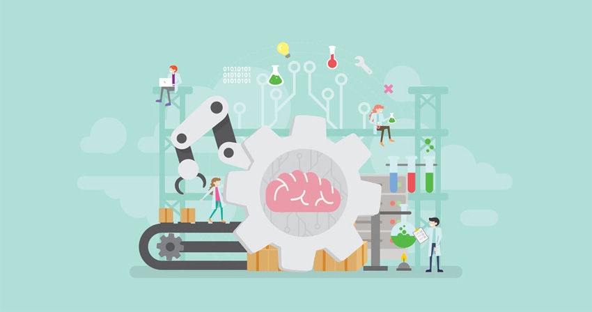 Graphic of production line with brain inside the mechanism surrounded by scientists Graphic of production line with brain inside the mechanism surrounded by scientists