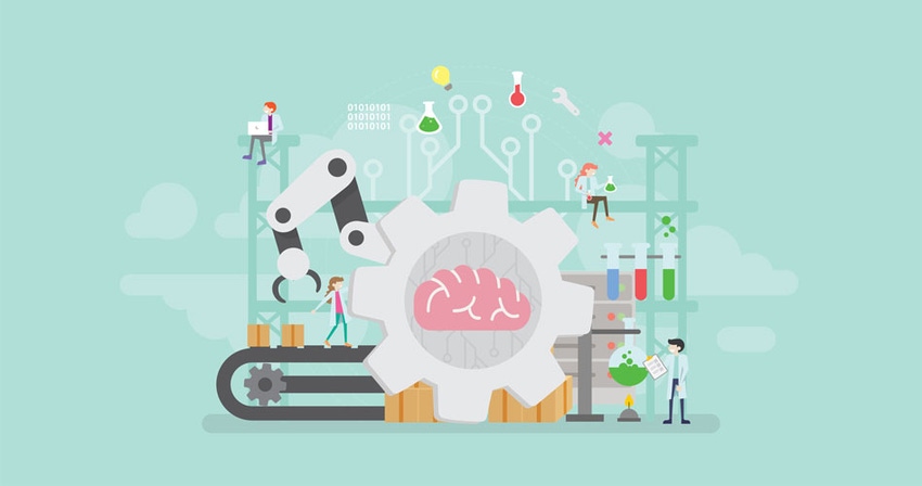 Graphic of production line with brain inside the mechanism surrounded by scientists