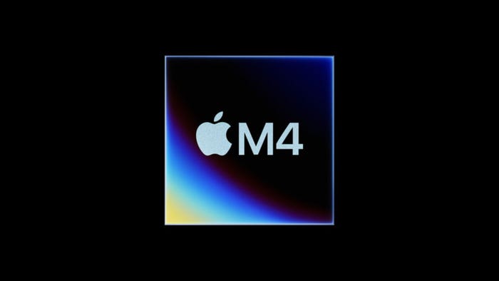 A black and blue square with the Apple logo and the 'M4' emblazoned on it on a black background