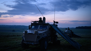 British army soldier in an armored vehicle during military exercises in Salisbury, England.
