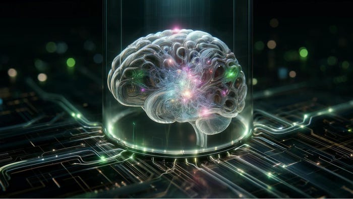A digital drawing of a brain on a computer chip, representing neuromorphic computing