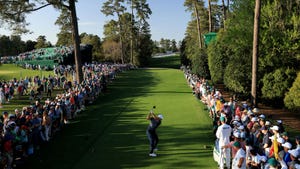Scottie Scheffler plays his shot from the 18th tee during the final round of the Masters at Augusta National Golf Club in 2022 in Augusta, Georgia