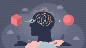 Conceptual image of a person's silhouette, with floating images of a cube and ball linked by a thread that goes through the brain