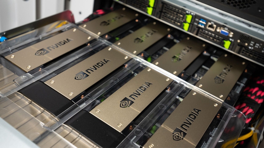 Golden Nvidia hardware compiled on a rack