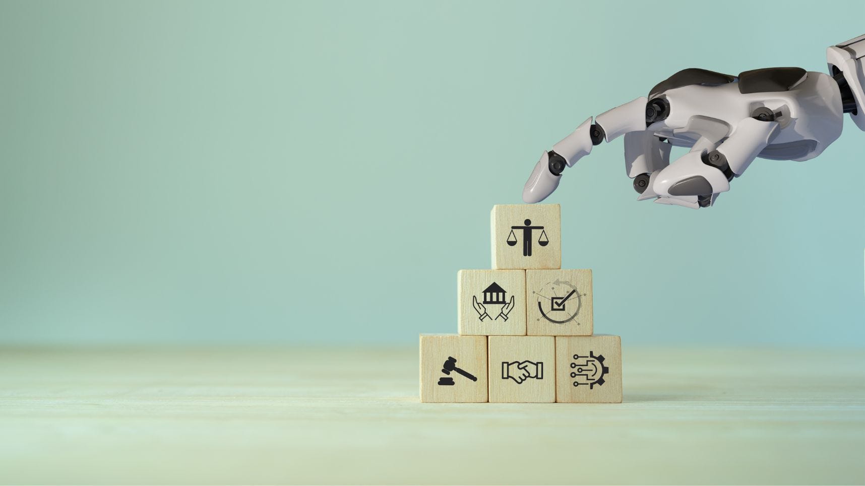 A robot hand stacking blocks representing ethical considerations. When building policies on AI, it's important to consider legal compliance, employee needs, and business and customer needs. A robot hand stacking blocks representing ethical considerations. When building policies on AI, it's important to consider legal compliance, employee needs, and business and customer needs.