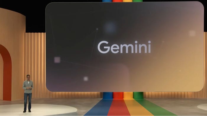 Sundar Pichai, CEO of Google on stage at I/O 2023 in May unveiling Gemini, the company's latest, biggest, and most powerful large language model