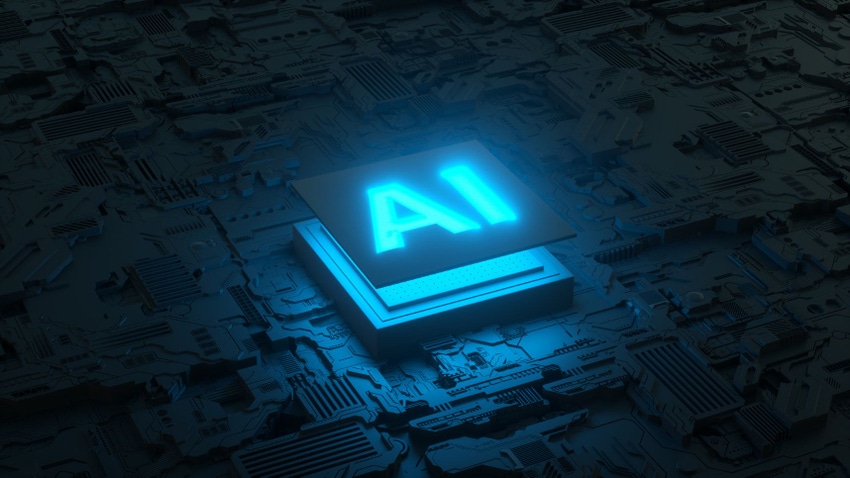 Digital drawing of a blue light up microprocessor with AI written atop it