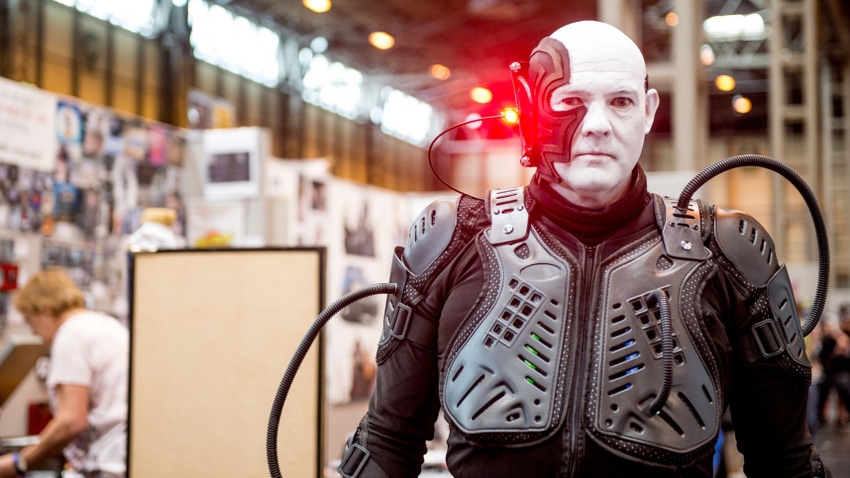 A cosplayer in character as a member of The Borg, the alien from Star Trek franchise at The Birmingham Film and Comic Con