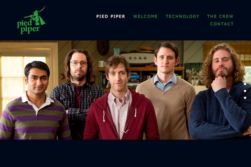 Photo of actors under a user interface with the title Pied Piper 