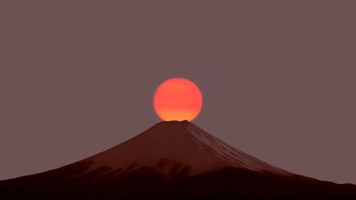 Mount Fuji, at sunrise, huge sun ball