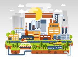 Graphic of cityscape with factories, tall buildings, roads, vehicles and trees