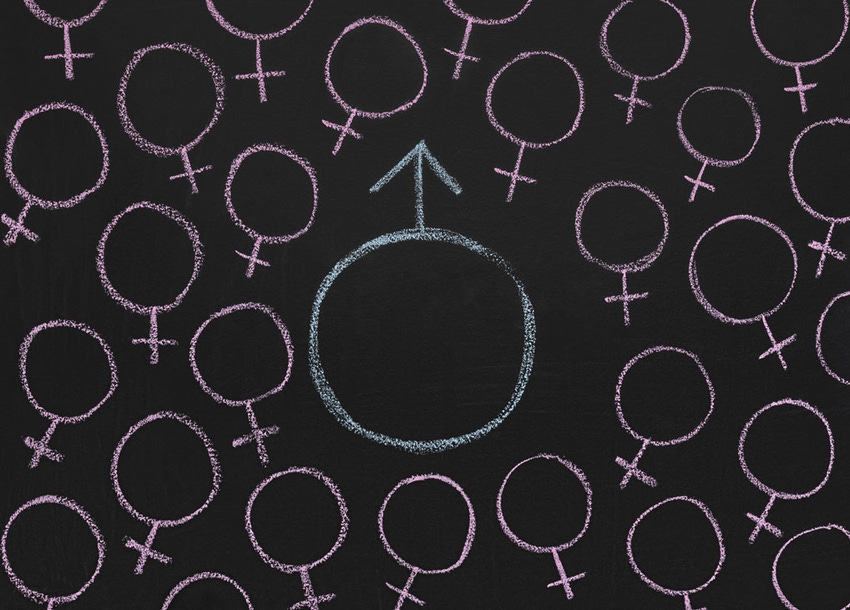 Black and white graphic showing male mars symbol at the center surrounded by smaller female venus symbols